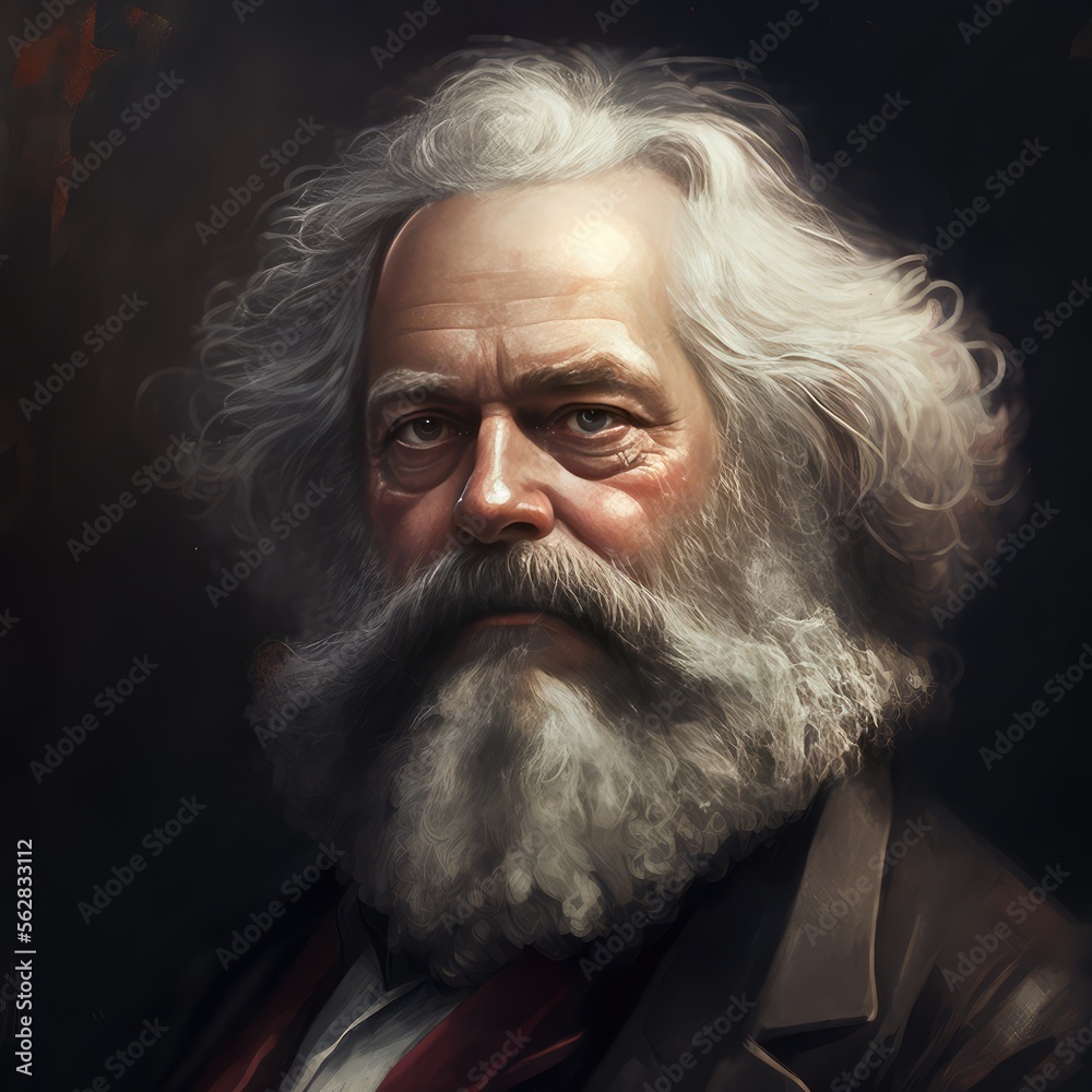 Portrait of Karl Marx - a German philosopher, economist, historian, sociologist, political theorist, journalist and socialist revolutionary. Image generated with generative AI